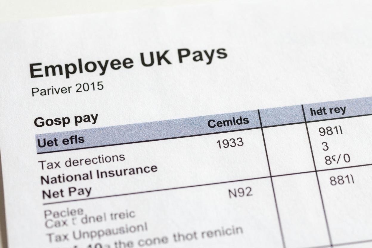Sample UK payslip showing gross pay, tax deductions, National Insurance, and net pay in a professional layout
