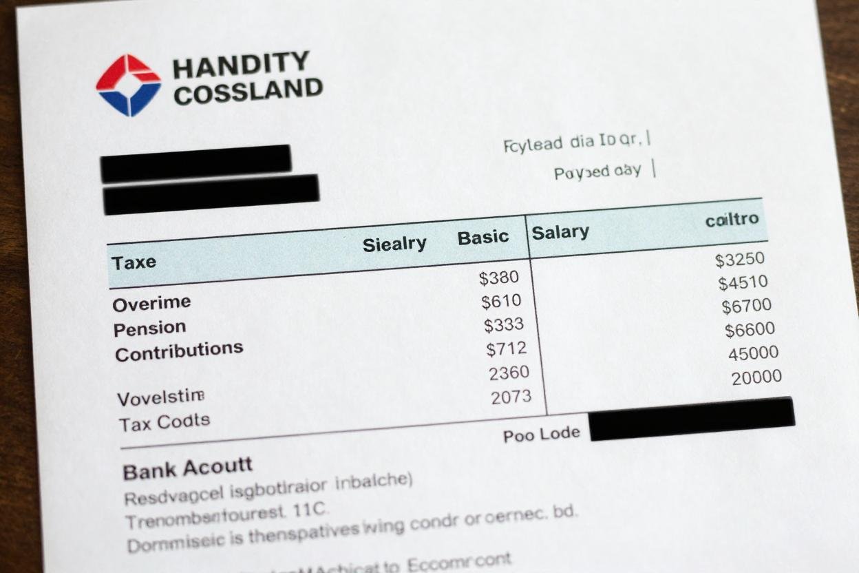 Detailed payslip with company logo, employee ID, payment date, pension contributions, tax code, and masked bank account number