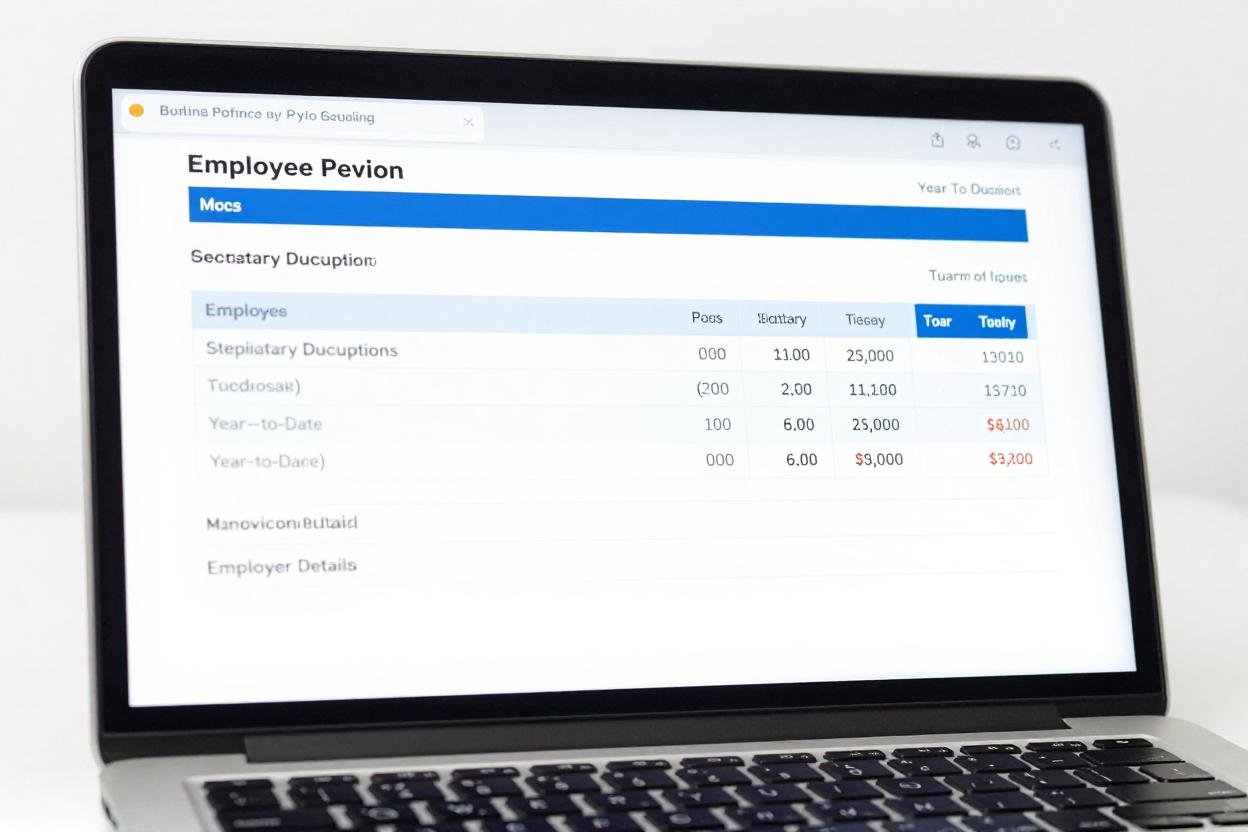 Modern digital payslip displayed on laptop screen with earnings breakdown, statutory deductions, and year-to-date totals