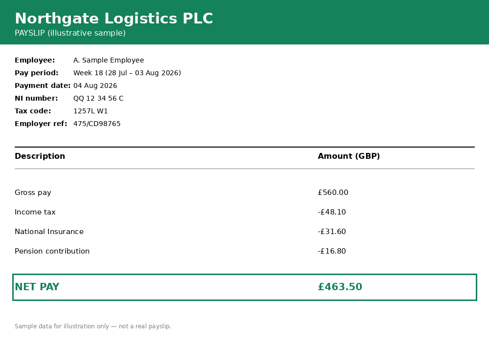 Illustrative sample weekly payslip for a fictional logistics employee showing gross pay, tax, National Insurance, pension deduction, and net pay