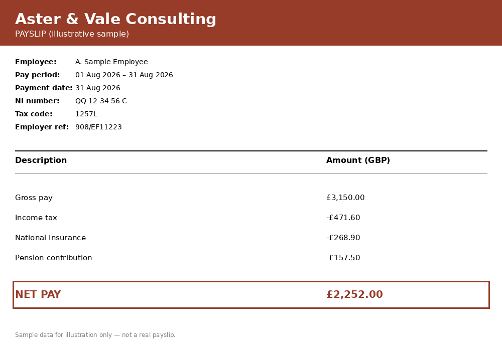 Illustrative sample monthly payslip for a fictional consulting employee showing gross pay, income tax, National Insurance, pension deduction, and net pay for August 2026